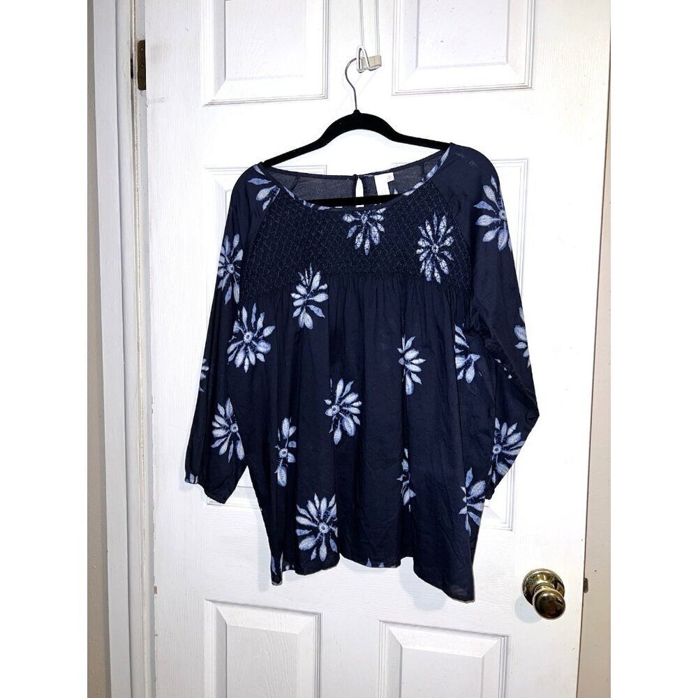 GRAND & GREENE 100% Cotton Navy Blue Long Sleeve Smocked Tunic Top Sz XL